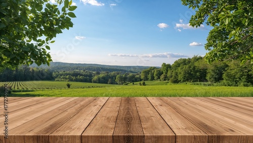 Empty wooden surface with agricultural fields and woodland scenery behind, perfect for overlays or showcasing products