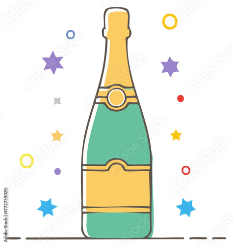 Festive champagne bottle illustration with colorful confetti and stars for a party or celebration