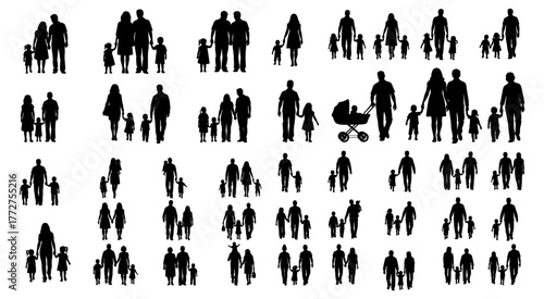 Diverse Family Silhouettes Collection Black and White Graphic Design Featuring Parents and Children Walking Hand in Hand or with Strollers Embodying Love Unity and Childhood