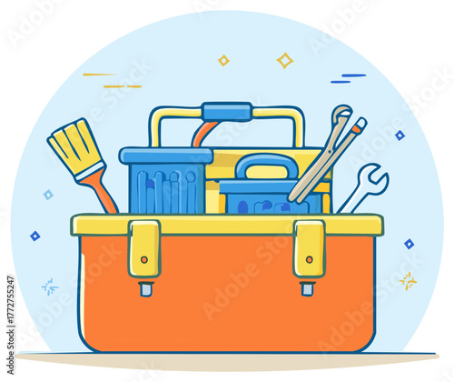 Cartoon toolbox filled with handyman equipment for DIY projects and maintenance work