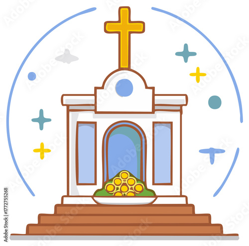 Hand drawn vector illustration of a sacred altar with cross and gold coin offerings