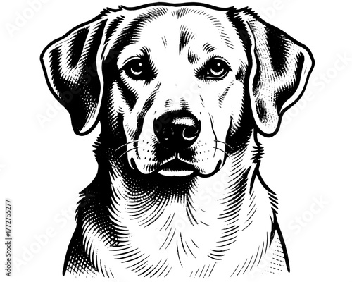 Vintage engraving of a golden retriever dog portrait loyal and gentle expression, detailed black and white illustration, isolated on transparent background.