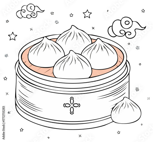 Steamed Dumplings in Bamboo Steamer with Clouds and Stars Line Art