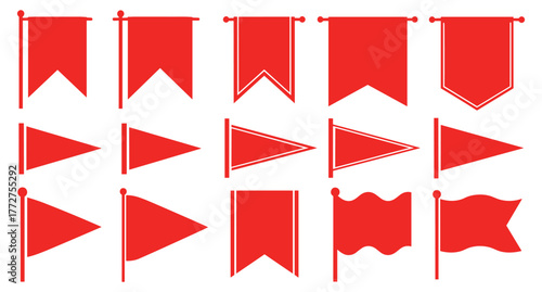 Red Banners Pennants Vectors Illustration Assortment Collection Various Shapes Styles on Flagpoles Graphic Elements Pennon Marker Medieval Competition Celebration Achievement Decor