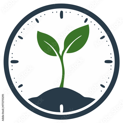 Green sprout growing from soil within a clock face symbolizing growth over time