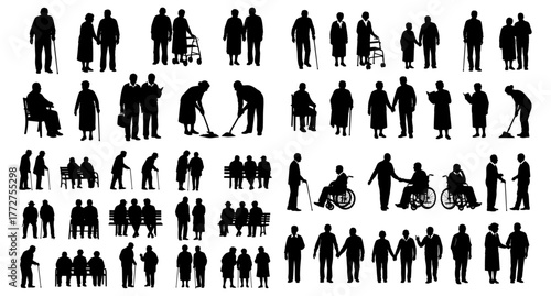 Diverse collection of senior adult silhouettes engaging in daily life activities offering various poses companionship interaction mobility and accessibility options featuring