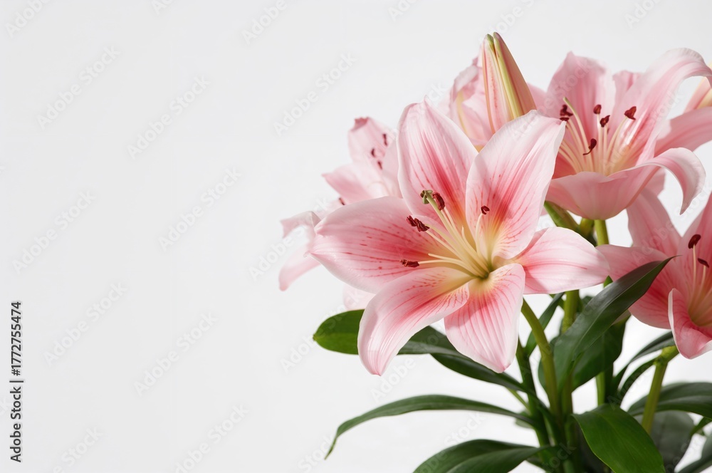 Fototapeta premium Artificial pink lily blossoms against a clean white backdrop, isolated floral design for home decor