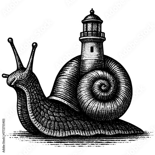 Surreal engraving of a snail with a lighthouse on its shell — patience meets guidance, detailed vintage illustration, isolated on transparent background.