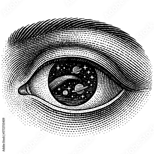 Vintage engraving of a human eye with a cosmic universe inside — surreal fusion of anatomy and space, isolated on transparent background.