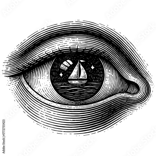 Surreal engraving of an eye with a sailboat reflected in the pupil — dream, freedom, and inner voyage, isolated on transparent background.