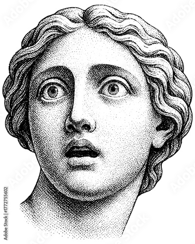 Vintage engraving of a classical woman with wide eyes — surprise and awe frozen in marble, emotional antique art, isolated on transparent background.