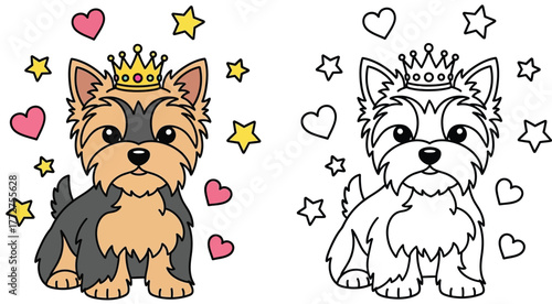 Cute Yorkshire Terrier Princess Dog Cartoon Vector. Adorable Yorkie Puppy Illustration with Crown, Stars, and Hearts. Coloring Page Outline Included