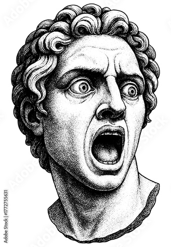 Engraved classical statue of a man in shock and fear — dramatic expression of emotion, vintage art style, isolated on transparent background.