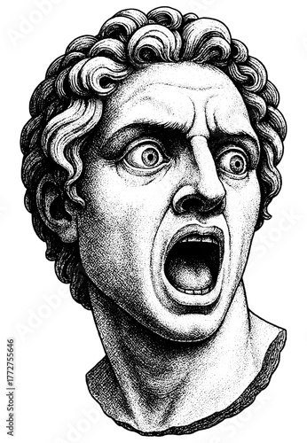 Engraved classical statue of a man in shock and fear — dramatic expression of emotion, vintage art style, isolated on transparent background.