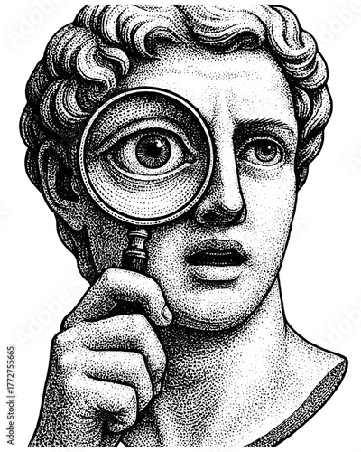 Vintage engraving of a classical statue holding a magnifying glass, eye enlarged — surreal art mixing antiquity and curiosity, isolated on transparent background.