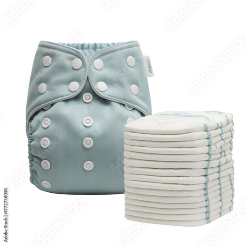 Modern pale blue reusable cloth diaper with white snaps and stacked absorbent inserts isolated on transparent background