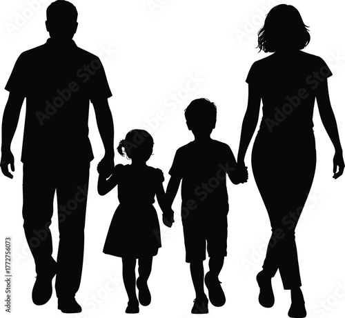 Black and white silhouette of family walking together holding hands, parents with two children, happy family relationship concept