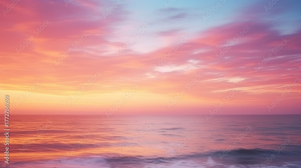 Obraz premium Tranquil seascape at sunset, featuring vibrant pink and blue clouds reflecting on calm ocean waves.