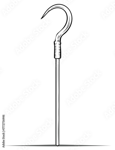 Stylized Vector Illustration of a Hook Cane or Crook Staff in Black and White Line Art
