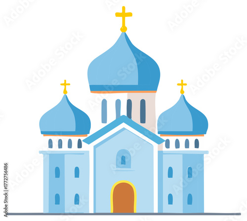 Cartoon Eastern Orthodox Church with Crosses and Blue Domes Icon Illustration
