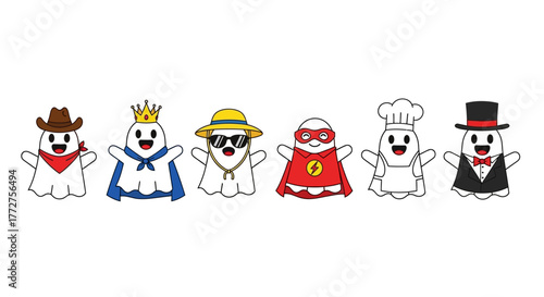 Cartoon of diverse character ghosts in costume representing playful occupations for children