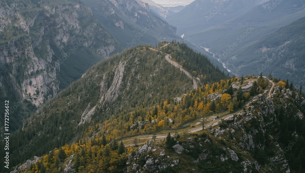 Naklejka premium Captured from an elevated position overlooking rugged, forested mountains with winding paths