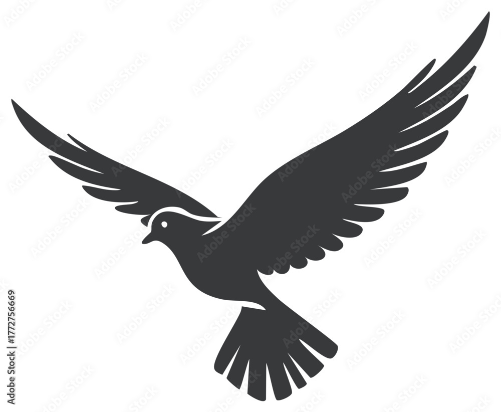 Fototapeta premium Elegant flying dove vector illustration, minimalist bird design, open wings, black and white