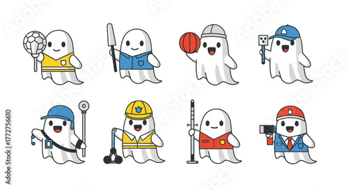 Illustrative set of occupation ghosts in various professional roles symbolizing spectral professions