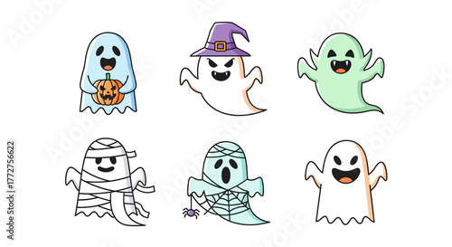 Festive array of friendly cartoon ghosts celebrating halloween with a playful and spooky charm on