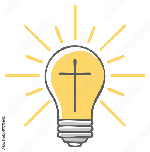 Christian cross inside a shining lightbulb illustration representing a divine idea and spiritual faith