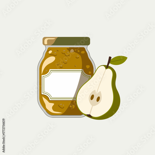 Pear jam jar with empty label in flat vector design isolated on white background