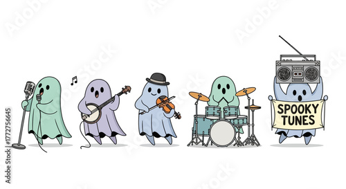 Whimsical cartoon ghosts performing music, a delightful and spooky band illustration