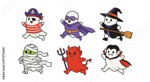 Cartoon Halloween characters including pirate superhero witch mummy devil and vampire illustrations