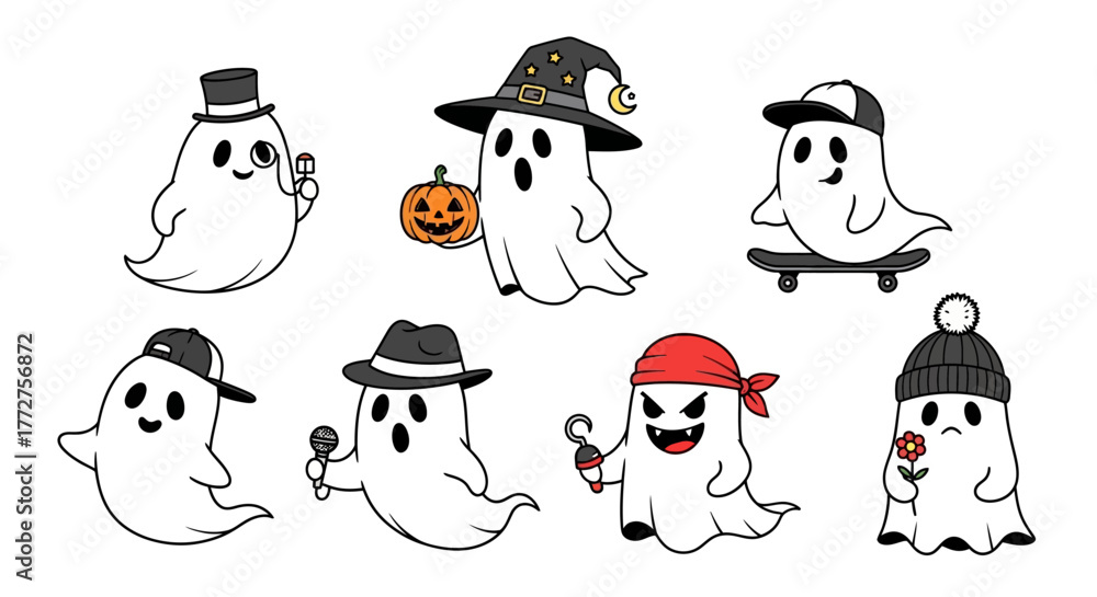 Fototapeta premium Collection of charming cartoon ghosts dressed in various costumes celebrating halloween