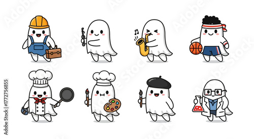 Collection of diverse cartoon ghosts in various occupations conveying a lighthearted and whimsical