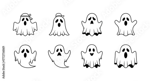 Collection of playful halloween ghosts vector illustration for festive designs and creative projects
