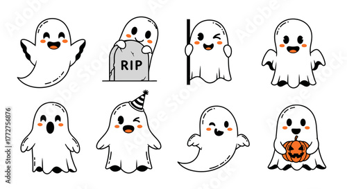 Collection of charming cartoon ghosts in playful scenarios celebrating halloween season