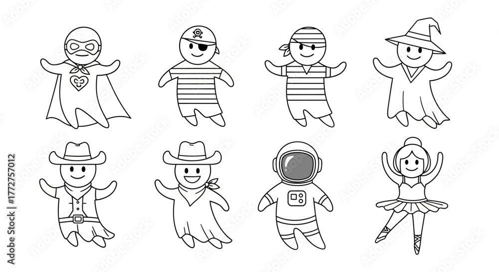 Fototapeta premium Charming cartoon characters in diverse costumes for coloring or creative projects