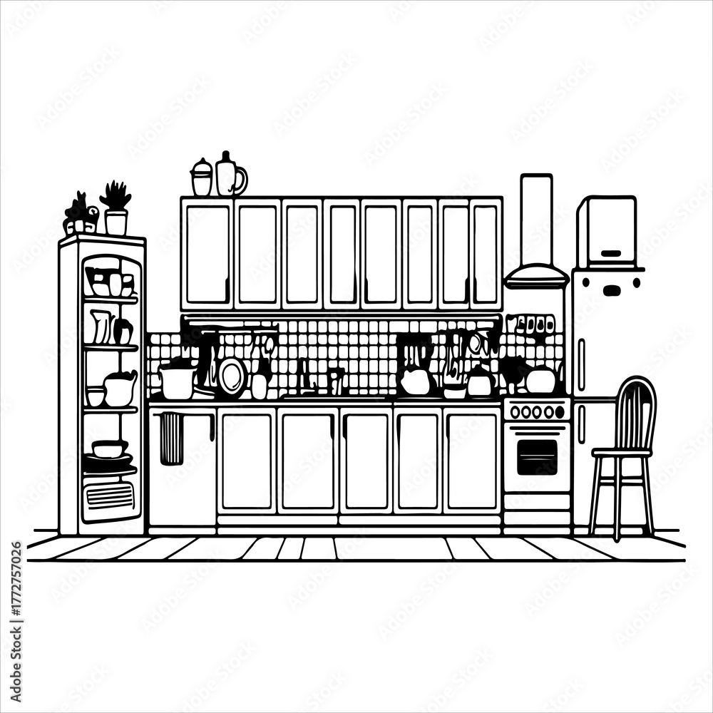 Fototapeta premium A Modern Minimalist Kitchen Room Illustration Vector Graphic, Showcasing Scandinavian Interior Design and Functional Home Décor in a Flat Design Digital Style for Culinary Creativity.