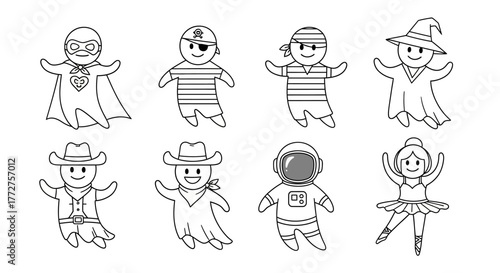 Charming cartoon characters in diverse costumes for coloring or creative projects