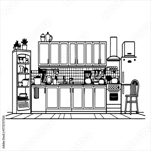 A Modern Minimalist Kitchen Room Illustration Vector Graphic, Showcasing Scandinavian Interior Design and Functional Home Décor in a Flat Design Digital Style for Culinary Creativity.