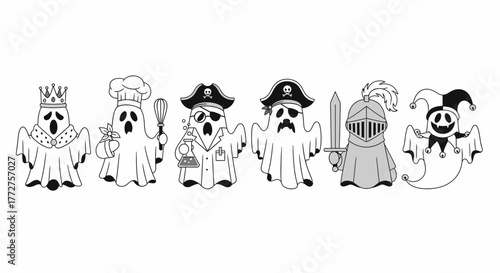 Enchanting Halloween Specters: A whimsical parade of ghosts donned in playful professions