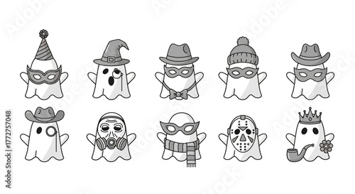 Whimsical specters: A playful parade of ghostly figures in diverse costumes and disguises