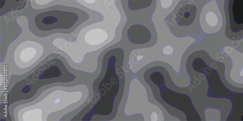 Abstract topographic contour map pattern in shades of gray with subtle purple outlines creating a dynamic, organic, and flowing visual texture for backgrounds and design elements