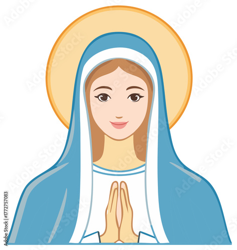 Woman in blue veil and halo praying with hands together, illustration