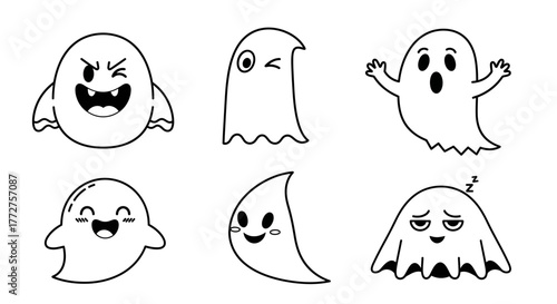 Whimsical collection of cartoon ghosts with diverse expressions perfect for halloween projects