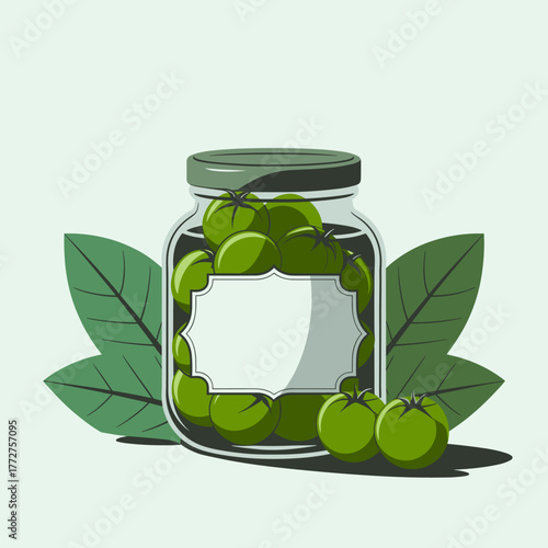 Green tomatoes in glass jar with blank label isolated on white background