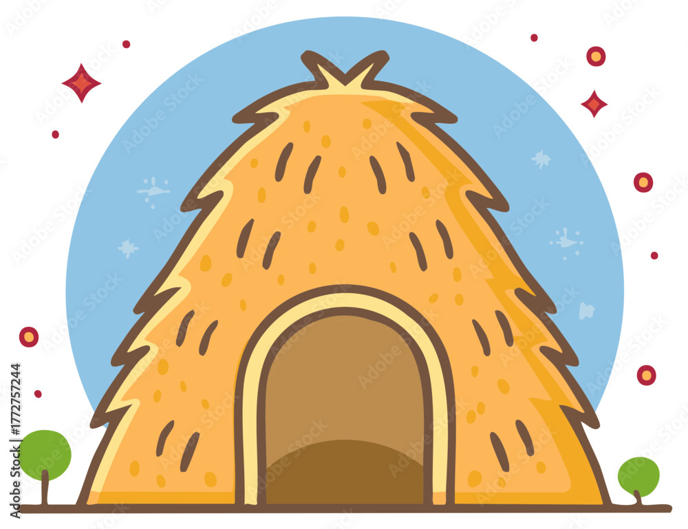 Naklejka premium Illustration of whimsical hut shelter or home, nature-inspired dwelling with blue sky backdrop, dots, and trees.