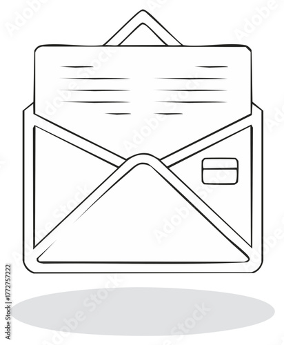Hand drawn line art illustration of an open envelope with a letter and stamp