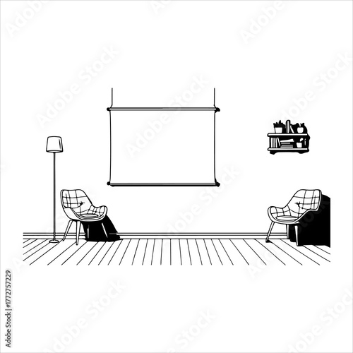 Clean Flat Design Sitting Room Illustration Vector Scene, An Aesthetic Interior Representing Minimalist Home Décor and Comfortable Relaxation in a Scandinavian Digital Style for Living.